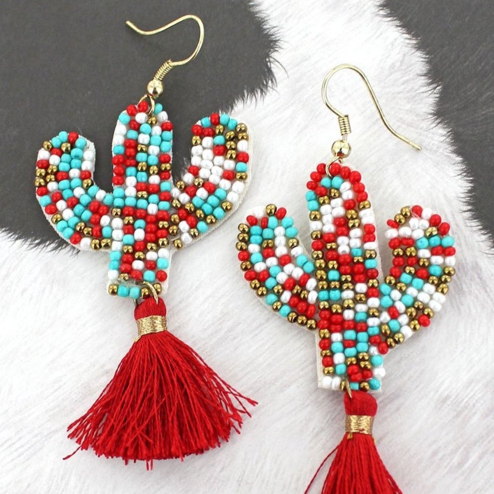 TURQUOISE AND RED SEED BEAD CACTUS TASSEL EARRINGS NIP